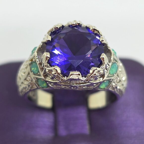 Faux Purple Amethyst Green Opal Filigree Silver Cocktail Ring Marked 925 SZ 7.25 - Picture 11 of 13